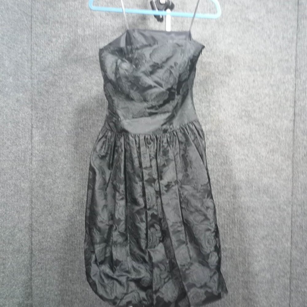 1980's Vintage Black Satin Rose Print Strapless Bubble Dress